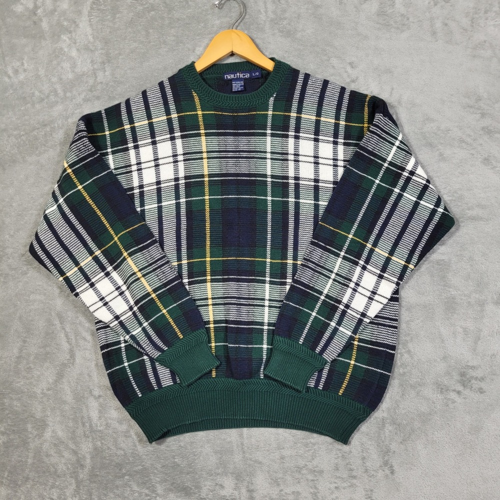 Vintage Nautica Sweater Mens Large Green White Plaid Crewneck 90's
